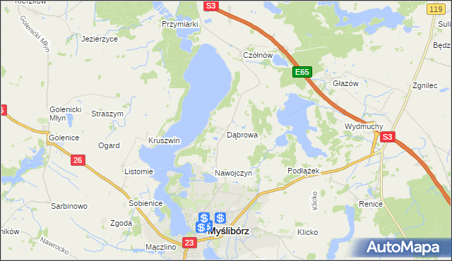 mapa Dąbrowa gmina Myślibórz, Dąbrowa gmina Myślibórz na mapie Targeo