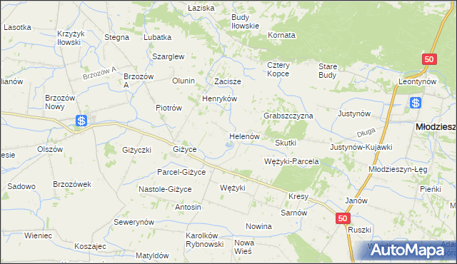 mapa Helenów gmina Młodzieszyn, Helenów gmina Młodzieszyn na mapie Targeo