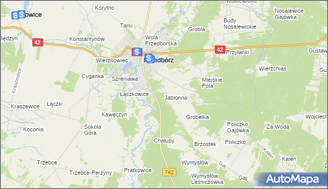 mapa Jabłonna gmina Przedbórz, Jabłonna gmina Przedbórz na mapie Targeo