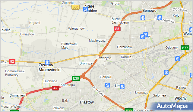 mapa Jawczyce gmina Ożarów Mazowiecki, Jawczyce gmina Ożarów Mazowiecki na mapie Targeo