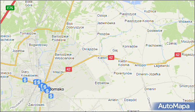 mapa Kietlin gmina Radomsko, Kietlin gmina Radomsko na mapie Targeo