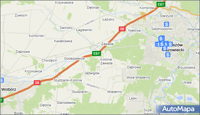 mapa Kolonia Zawada gmina Tomaszów Mazowiecki, Kolonia Zawada gmina Tomaszów Mazowiecki na mapie Targeo