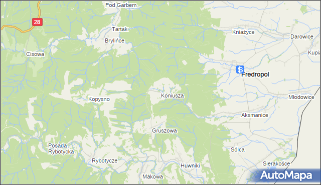mapa Koniusza gmina Fredropol, Koniusza gmina Fredropol na mapie Targeo