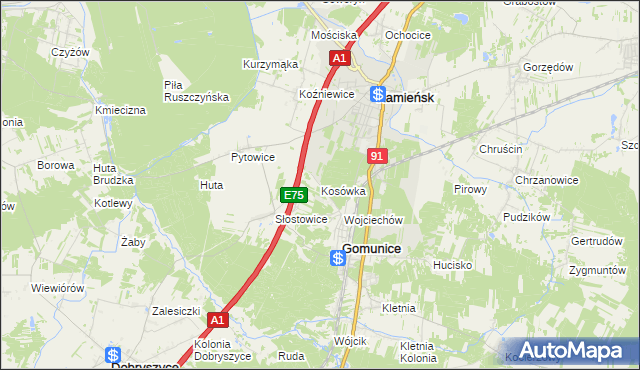 mapa Kosówka gmina Gomunice, Kosówka gmina Gomunice na mapie Targeo