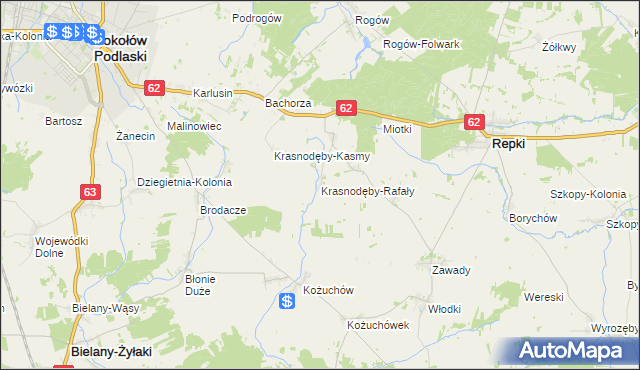 mapa Krasnodęby-Rafały, Krasnodęby-Rafały na mapie Targeo