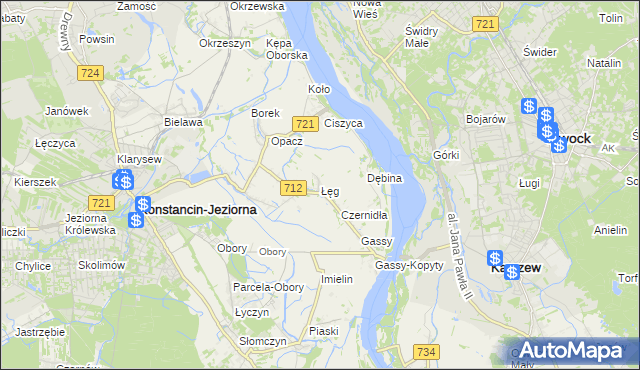 mapa Łęg gmina Konstancin-Jeziorna, Łęg gmina Konstancin-Jeziorna na mapie Targeo