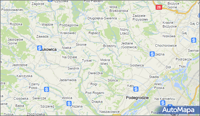 mapa Mokra Wieś gmina Podegrodzie, Mokra Wieś gmina Podegrodzie na mapie Targeo