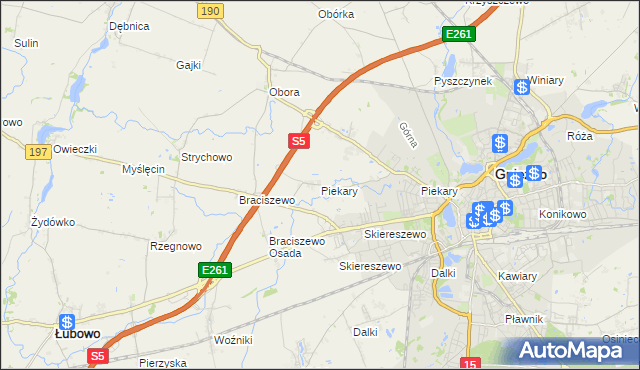 mapa Piekary gmina Gniezno, Piekary gmina Gniezno na mapie Targeo