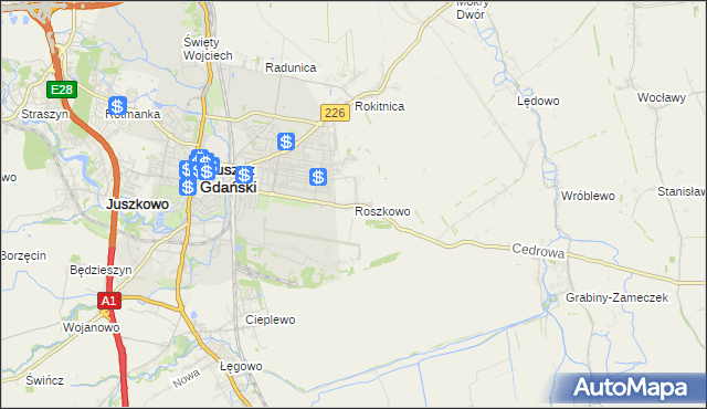 mapa Roszkowo gmina Pruszcz Gdański, Roszkowo gmina Pruszcz Gdański na mapie Targeo