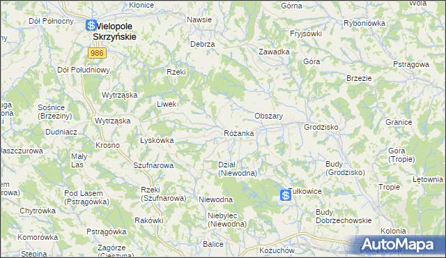 mapa Różanka gmina Wiśniowa, Różanka gmina Wiśniowa na mapie Targeo