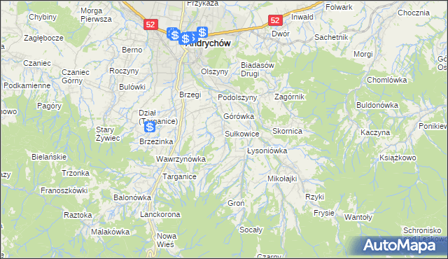 mapa Sułkowice gmina Andrychów, Sułkowice gmina Andrychów na mapie Targeo