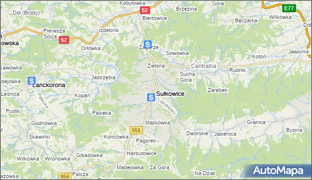mapa Sułkowice powiat myślenicki, Sułkowice powiat myślenicki na mapie Targeo
