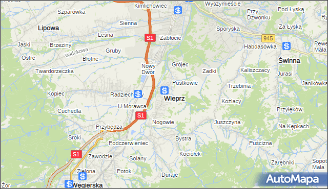 mapa Wieprz gmina Radziechowy-Wieprz, Wieprz gmina Radziechowy-Wieprz na mapie Targeo