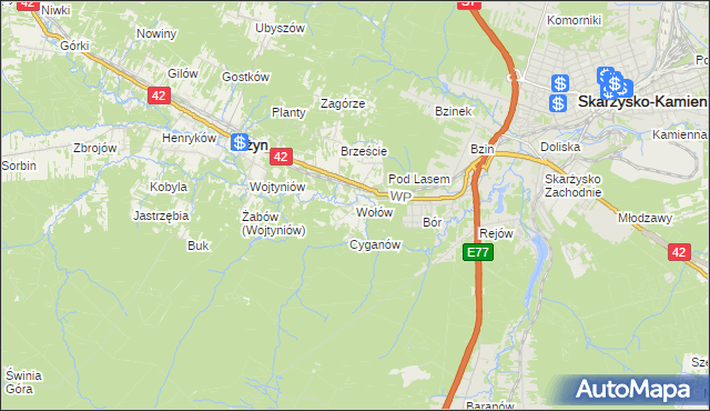 mapa Wołów gmina Bliżyn, Wołów gmina Bliżyn na mapie Targeo
