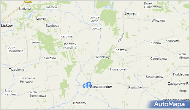 mapa Wroniawy gmina Goszczanów, Wroniawy gmina Goszczanów na mapie Targeo