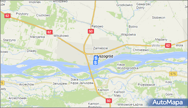 mapa Wyszogród powiat płocki, Wyszogród powiat płocki na mapie Targeo