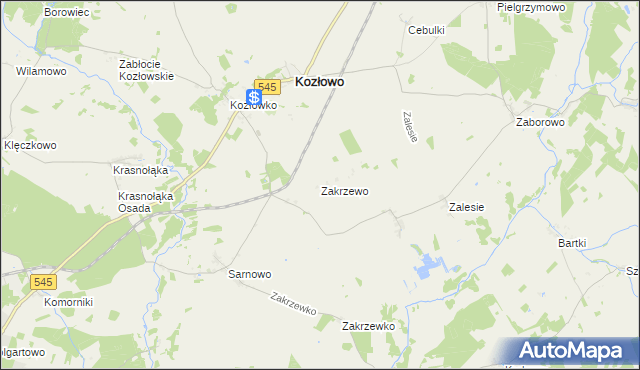 mapa Zakrzewo gmina Kozłowo, Zakrzewo gmina Kozłowo na mapie Targeo