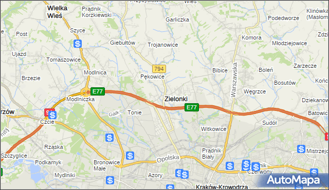 mapa Zielonki powiat krakowski, Zielonki powiat krakowski na mapie Targeo