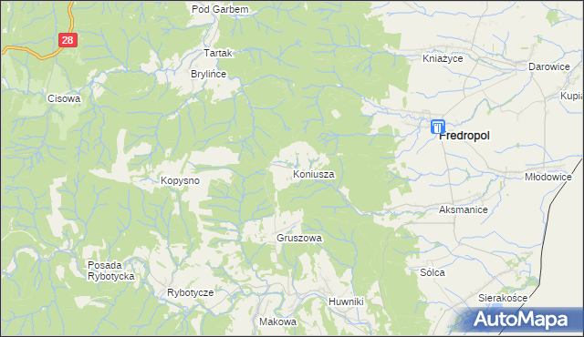 mapa Koniusza gmina Fredropol, Koniusza gmina Fredropol na mapie Targeo
