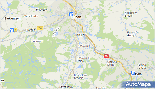 mapa Kościelnik gmina Lubań, Kościelnik gmina Lubań na mapie Targeo
