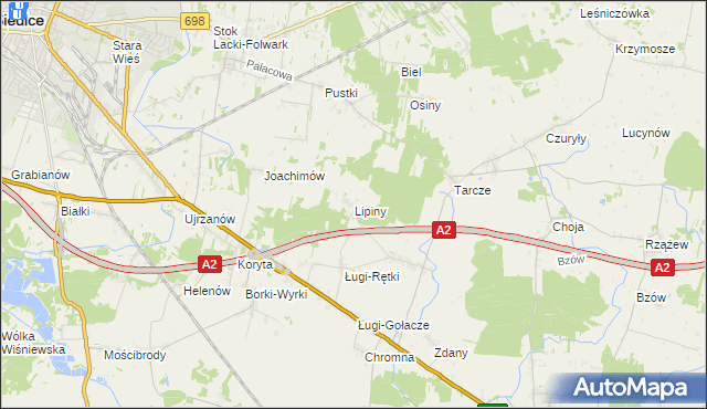mapa Lipiny gmina Zbuczyn, Lipiny gmina Zbuczyn na mapie Targeo