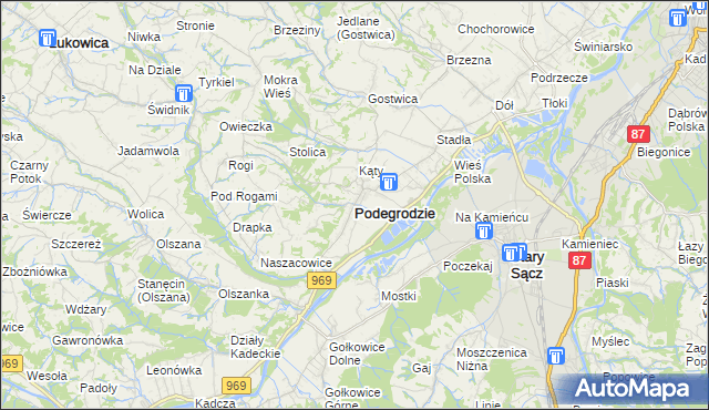 mapa Podegrodzie powiat nowosądecki, Podegrodzie powiat nowosądecki na mapie Targeo