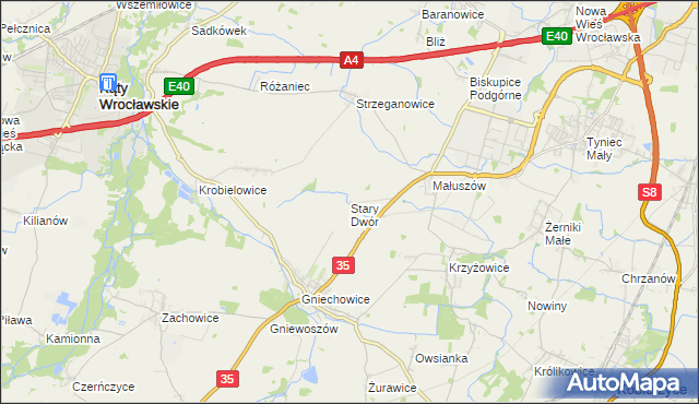 mapa Stary Dwór gmina Kąty Wrocławskie, Stary Dwór gmina Kąty Wrocławskie na mapie Targeo