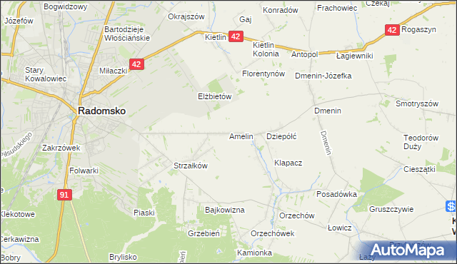 mapa Amelin gmina Radomsko, Amelin gmina Radomsko na mapie Targeo