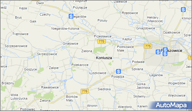 mapa Koniusza powiat proszowicki, Koniusza powiat proszowicki na mapie Targeo