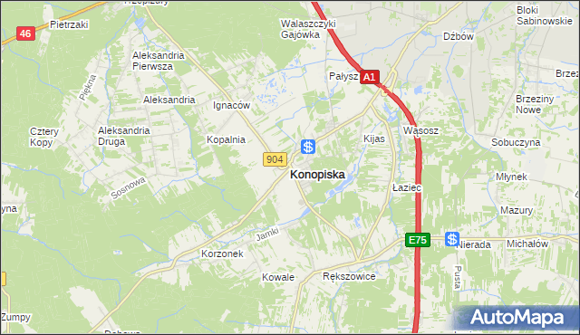mapa Konopiska powiat częstochowski, Konopiska powiat częstochowski na mapie Targeo