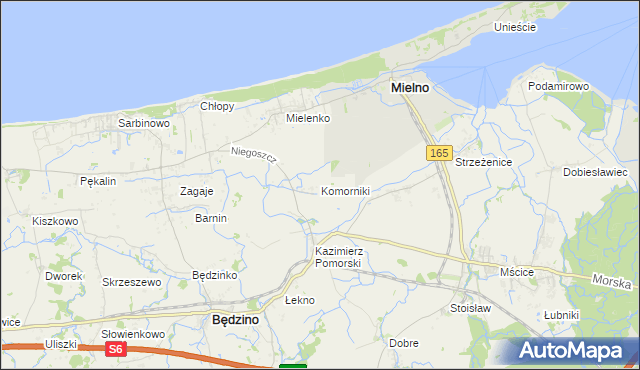mapa Komorniki gmina Mielno, Komorniki gmina Mielno na mapie Targeo