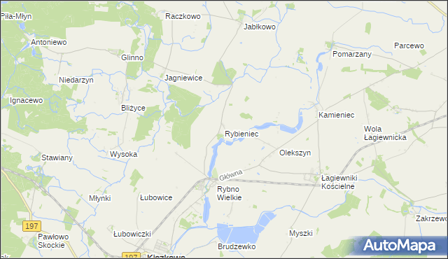 mapa Rybieniec gmina Kiszkowo, Rybieniec gmina Kiszkowo na mapie Targeo