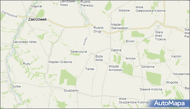 mapa Boża Wola gmina Zakrzew, Boża Wola gmina Zakrzew na mapie Targeo