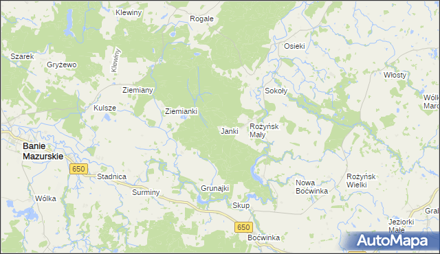 mapa Janki gmina Banie Mazurskie, Janki gmina Banie Mazurskie na mapie Targeo