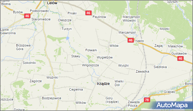 mapa Wygiełzów gmina Irządze, Wygiełzów gmina Irządze na mapie Targeo