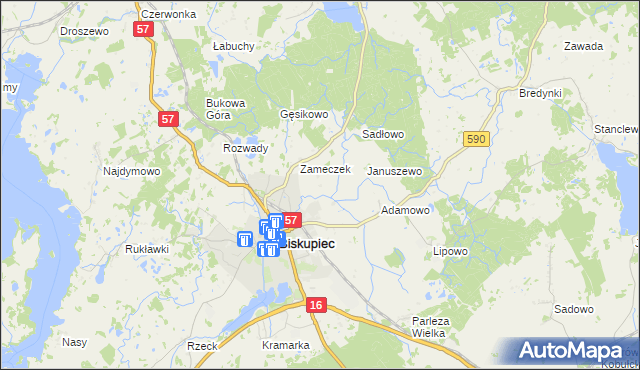 mapa Biskupiec-Kolonia Pierwsza, Biskupiec-Kolonia Pierwsza na mapie Targeo