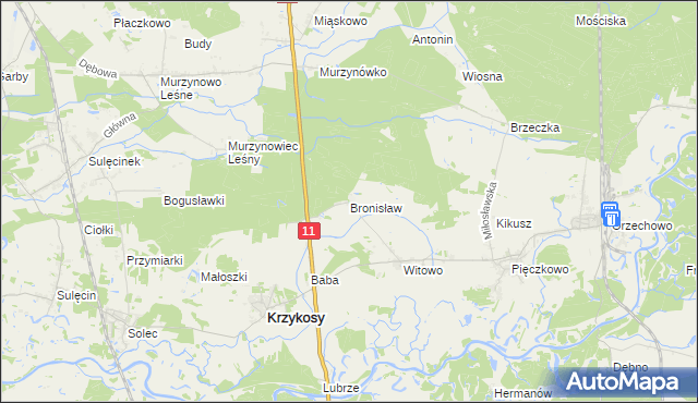 mapa Bronisław gmina Krzykosy, Bronisław gmina Krzykosy na mapie Targeo
