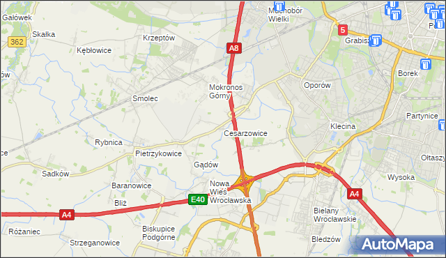 mapa Cesarzowice gmina Kąty Wrocławskie, Cesarzowice gmina Kąty Wrocławskie na mapie Targeo
