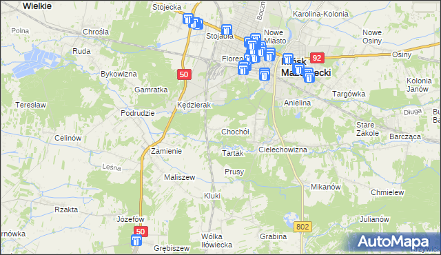 mapa Chochół gmina Mińsk Mazowiecki, Chochół gmina Mińsk Mazowiecki na mapie Targeo