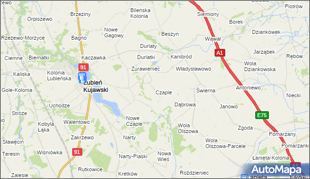 mapa Czaple gmina Lubień Kujawski, Czaple gmina Lubień Kujawski na mapie Targeo