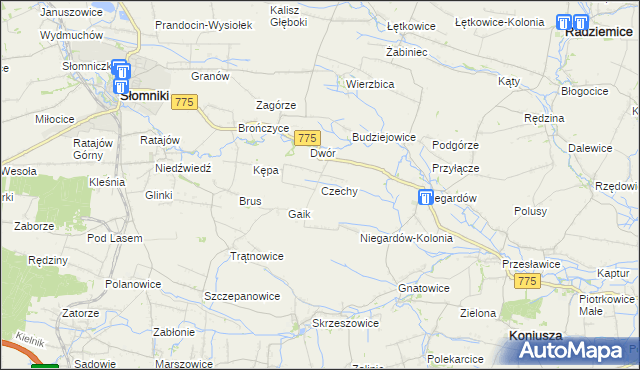 mapa Czechy gmina Słomniki, Czechy gmina Słomniki na mapie Targeo