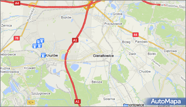 mapa Gierałtowice powiat gliwicki, Gierałtowice powiat gliwicki na mapie Targeo
