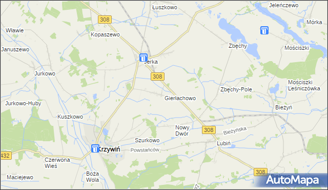 mapa Gierłachowo gmina Krzywiń, Gierłachowo gmina Krzywiń na mapie Targeo