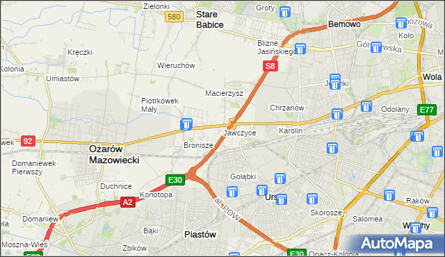 mapa Jawczyce gmina Ożarów Mazowiecki, Jawczyce gmina Ożarów Mazowiecki na mapie Targeo