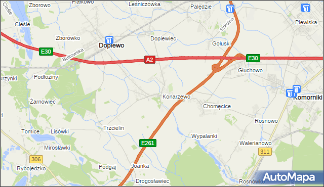 mapa Konarzewo gmina Dopiewo, Konarzewo gmina Dopiewo na mapie Targeo