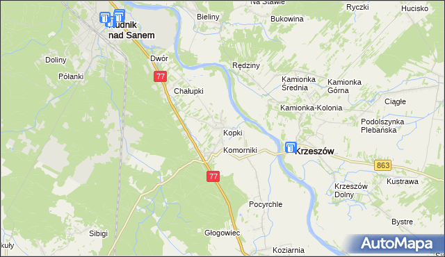 mapa Kopki gmina Rudnik nad Sanem, Kopki gmina Rudnik nad Sanem na mapie Targeo