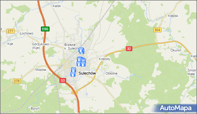 mapa Krężoły gmina Sulechów, Krężoły gmina Sulechów na mapie Targeo