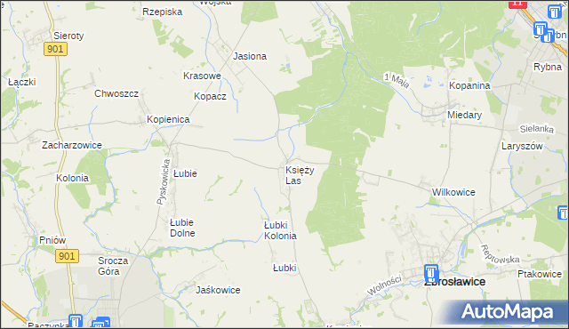 mapa Księży Las gmina Zbrosławice, Księży Las gmina Zbrosławice na mapie Targeo