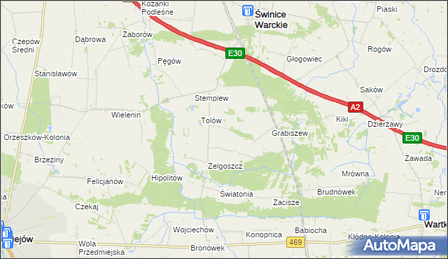 mapa Ładawy gmina Świnice Warckie, Ładawy gmina Świnice Warckie na mapie Targeo