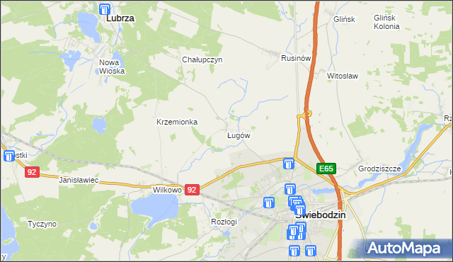 mapa Ługów gmina Świebodzin, Ługów gmina Świebodzin na mapie Targeo